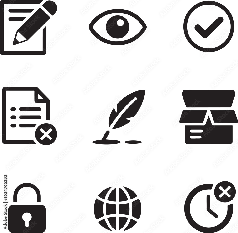 Fototapeta premium Writing eye check mark document cancel feather quill box globe lock clock cancel pencil vision