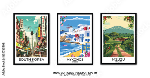 Set of 3 Vintage travel posters, Vintage travel illustrations, Vector colorful illustrations. Trendy printable wall art with beautiful landscapes.