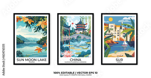 Set of 3 Vintage travel posters, Vintage travel illustrations, Vector colorful illustrations. Trendy printable wall art with beautiful landscapes.