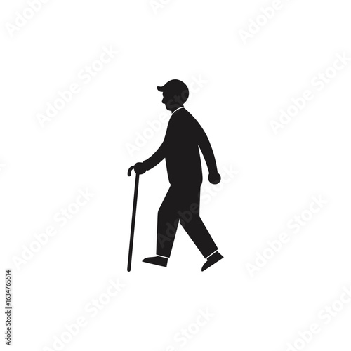 Silhouette of an elderly man walking with a cane isolated on a white background