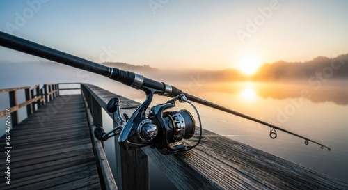 Fishing rod and reel on a wooden pier at sunrise over calm water
