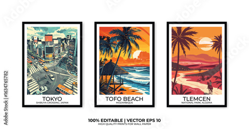 Set of 3 Vintage travel posters, Vintage travel illustrations, Vector colorful illustrations. Trendy printable wall art with beautiful landscapes.