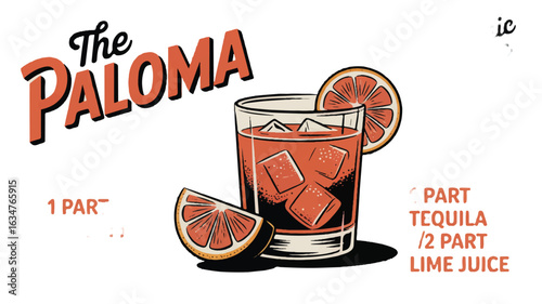 Vintage-style illustration of “The Paloma” cocktail with orange garnish and recipe text (1)_traced