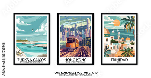 Set of 3 Vintage travel posters, Vintage travel illustrations, Vector colorful illustrations. Trendy printable wall art with beautiful landscapes.