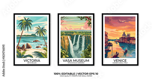 Set of 3 Vintage travel posters, Vintage travel illustrations, Vector colorful illustrations. Trendy printable wall art with beautiful landscapes.