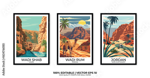 Set of 3 Vintage travel posters, Vintage travel illustrations, Vector colorful illustrations. Trendy printable wall art with beautiful landscapes.