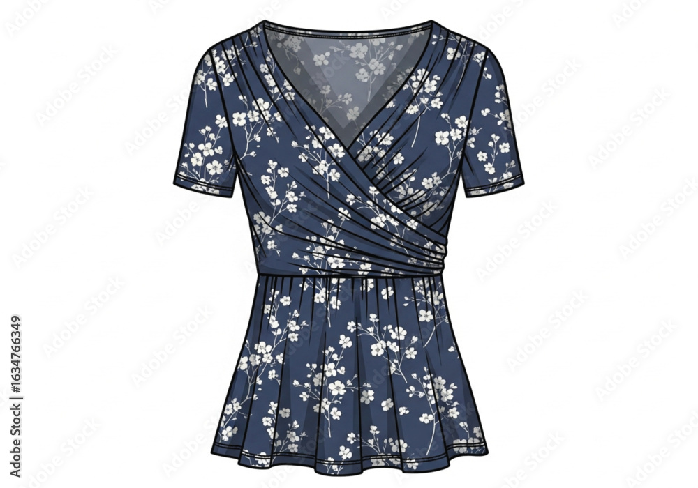 Obraz premium Floral wrap blouse with short sleeves, navy blue printed top, stylish women’s wear for summer fashion, cad drawing flat vector illustration