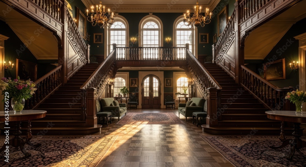 Obraz premium Grand double staircase in a stately home, sunlight streams through large windows, ornate details