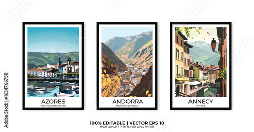 Set of 3 Vintage travel posters, Vintage travel illustrations, Vector colorful illustrations. Trendy printable wall art with beautiful landscapes.