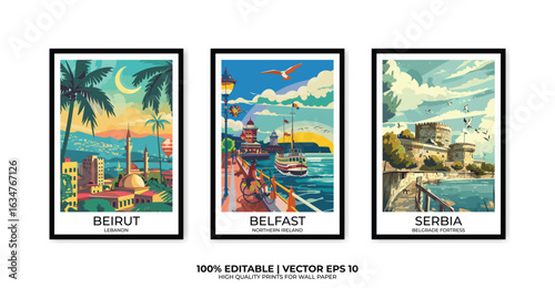 Set of 3 Vintage travel posters, Vintage travel illustrations, Vector colorful illustrations. Trendy printable wall art with beautiful landscapes.