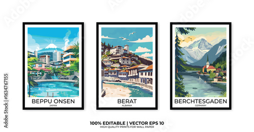 Set of 3 Vintage travel posters, Vintage travel illustrations, Vector colorful illustrations. Trendy printable wall art with beautiful landscapes.