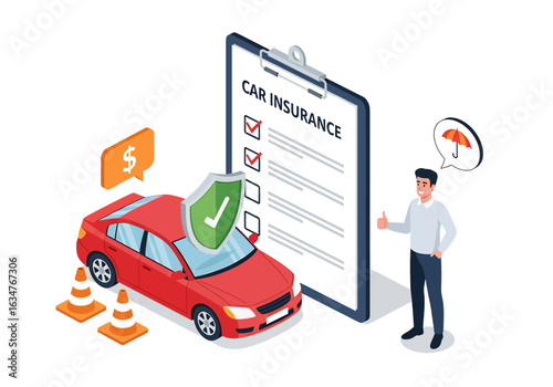 An 3D isometric car insurance graphic featuring a car protected by a shield. A satisfied man gives a thumbs-up next to a policy checklist, symbolizing secure and positive coverage