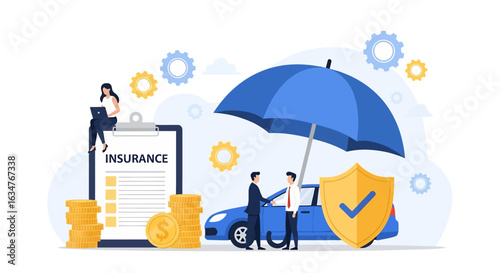 A car insurance concept showing agents and a car protected by an umbrella and shield, alongside a policy document and stacks of money, representing secure auto coverage