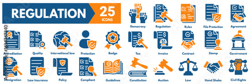 Regulation icon collection set vector illustration concept with icon of Constitution,Auction,Law,Hand Shake,Civil Rights,Democracy,Regulation,Rules,File Protection,Agreement,Accreditation,Quality 