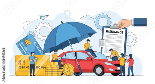 A comprehensive car insurance illustration depicting a car under an umbrella for protection, surrounded by people, credit cards, money, and an insurance policy, symbolizing financial security