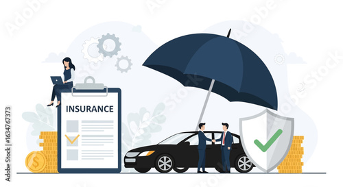 A car insurance concept showing agents and a car protected by an umbrella and shield, alongside a policy document and stacks of money, representing secure auto coverage