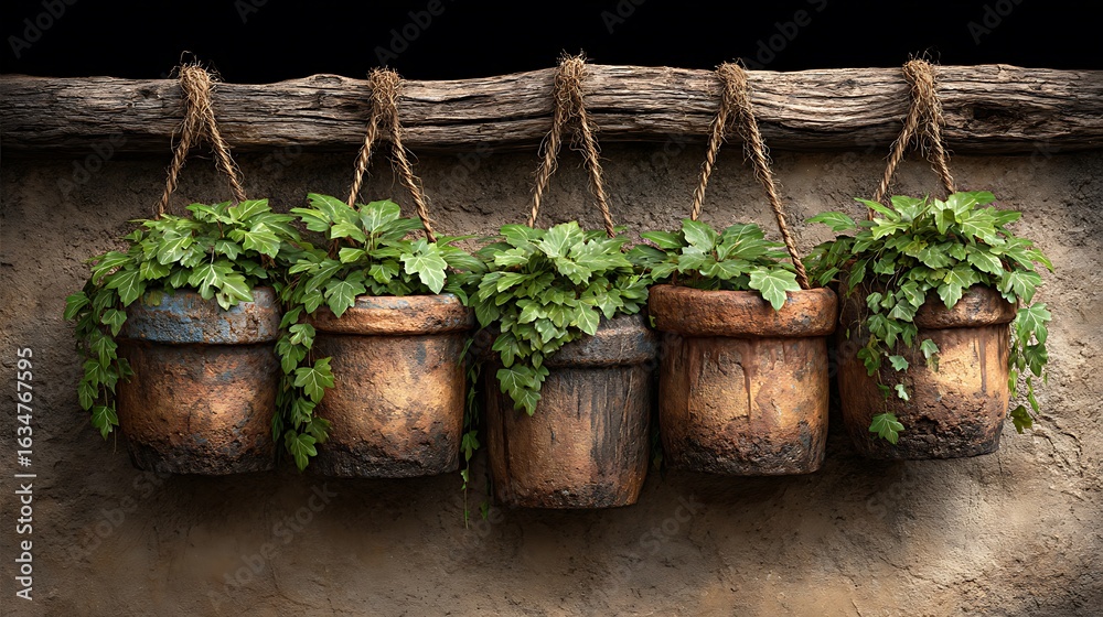 Fototapeta premium A row of hanging clay pots with trailing ivy.