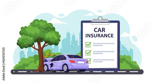 A car insurance illustration featuring a damaged car after hitting a tree, alongside a car insurance policy checklist, highlighting coverage for unforeseen accidents