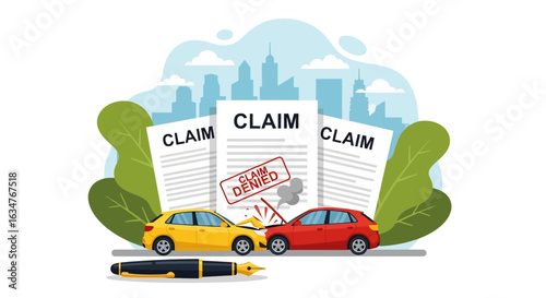 A car insurance claim illustration showing two cars in an accident with "Claim Denied" stamped on the documents. A pen lies nearby, emphasizing the claim process