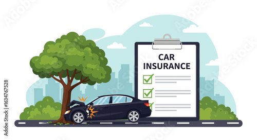 A car insurance illustration featuring a damaged car after hitting a tree, alongside a car insurance policy checklist, highlighting coverage for unforeseen accidents