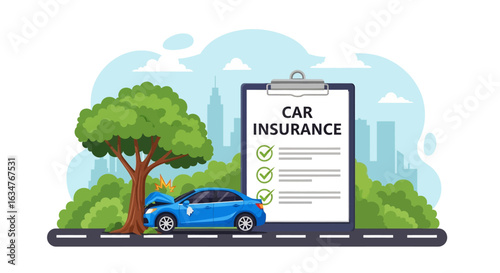 A car insurance illustration featuring a damaged car after hitting a tree, alongside a car insurance policy checklist, highlighting coverage for unforeseen accidents