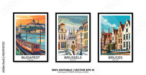 Set of 3 Vintage travel posters, Vintage travel illustrations, Vector colorful illustrations. Trendy printable wall art with beautiful landscapes.