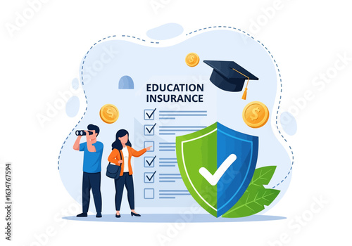 A flat style illustration of education insurance. This illustration features a student, checklist, a protective shield, money, and a graduation cap, symbolizing a secure academic path