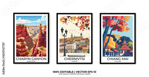 Set of 3 Vintage travel posters, Vintage travel illustrations, Vector colorful illustrations. Trendy printable wall art with beautiful landscapes.