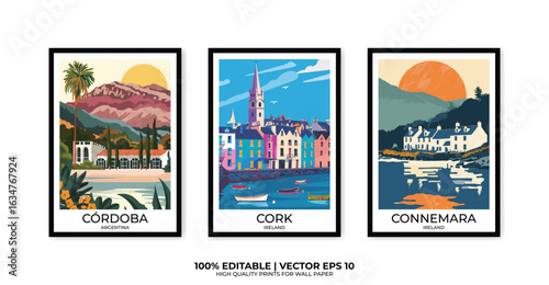 Set of 3 Vintage travel posters, Vintage travel illustrations, Vector colorful illustrations. Trendy printable wall art with beautiful landscapes.
