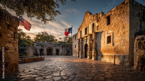 The Alamo in San Antonio, Texas at dawn, with American and Texas flags waving