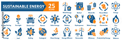 Sustainable Energy icon set. with icons of wind, biofuel, waste bin, reuse water, energy, saving, eco light, electric car, renew, sola, battery, hydropower, water energy 