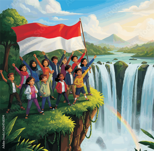 08082025_Indonesian Youth Celebrating
A vibrant and detailed illustration depicts a diverse group of Indonesian children and teenagers celebrating on a lush, green cliff overlooking a magnificent wate
