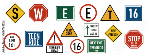 Sweet sixteen road signs celebrating teenager birthday party