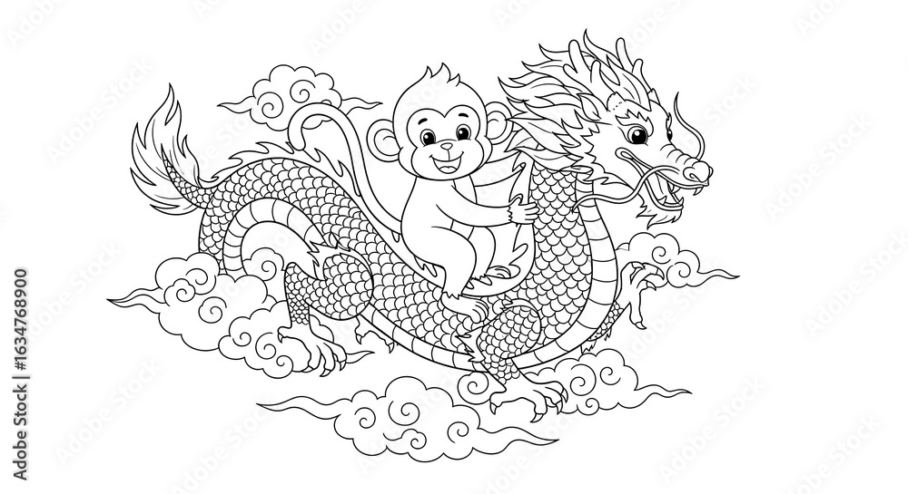 Fototapeta premium Playful Monkey Riding a Chinese Dragon: Line Art Illustration, Whimsical, Asian-Inspired Design