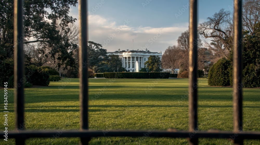 Fototapeta premium The White House in soft afternoon light, seen through black iron fence with green lawn in foreground