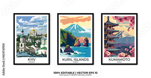 Set of 3 Vintage travel posters, Vintage travel illustrations, Vector colorful illustrations. Trendy printable wall art with beautiful landscapes.