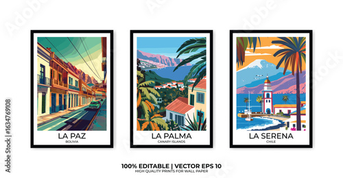 Set of 3 Vintage travel posters, Vintage travel illustrations, Vector colorful illustrations. Trendy printable wall art with beautiful landscapes.