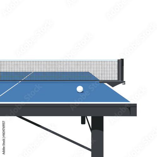 Ping-pong net attached to table and ball on blue surface