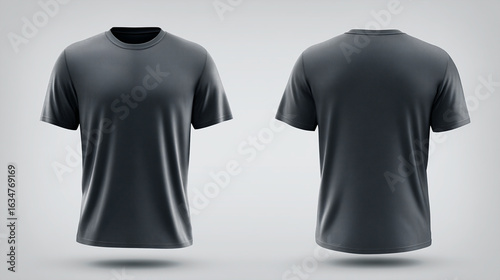 Branding-forward black t-shirt mock-up template in 3D t-shirt mock-up layout. Side-by-side placement. Layout balance, color depth, collar proportion