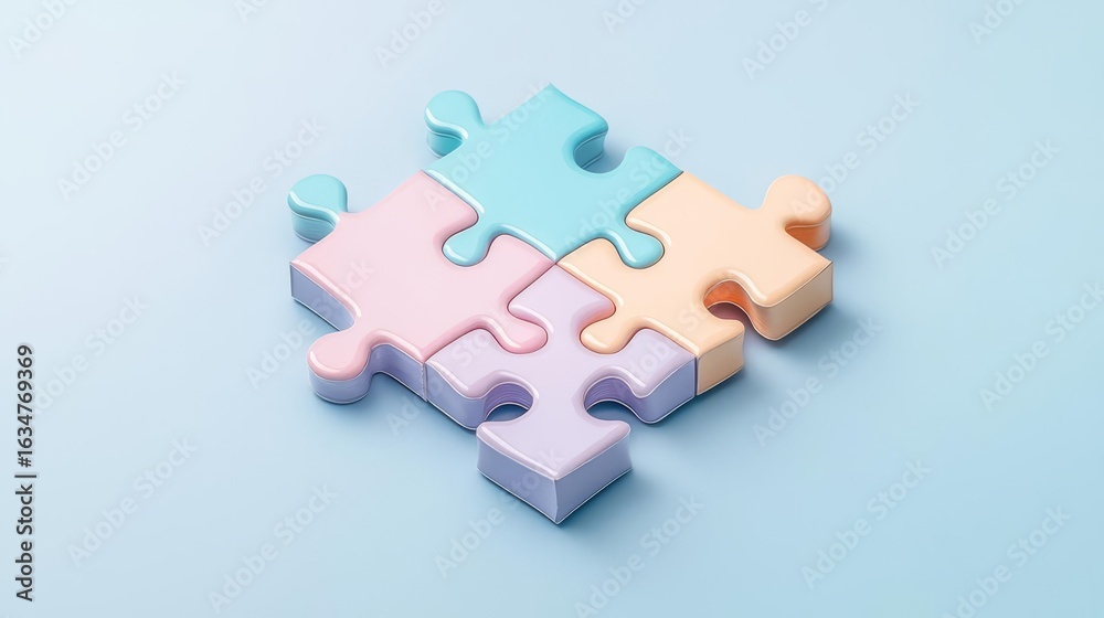 Fototapeta premium A colorful arrangement of pastel puzzle pieces on a soft blue background, symbolizing creativity and problem-solving.