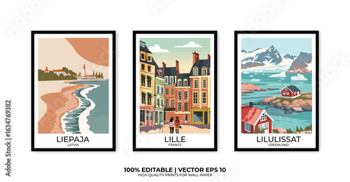 Set of 3 Vintage travel posters, Vintage travel illustrations, Vector colorful illustrations. Trendy printable wall art with beautiful landscapes.