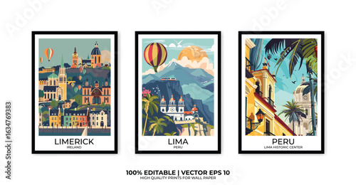 Set of 3 Vintage travel posters, Vintage travel illustrations, Vector colorful illustrations. Trendy printable wall art with beautiful landscapes.
