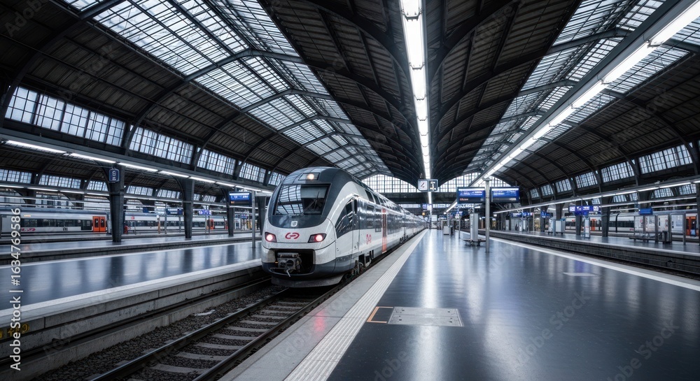 Obraz premium Modern train at a large station, under a high, arched roof