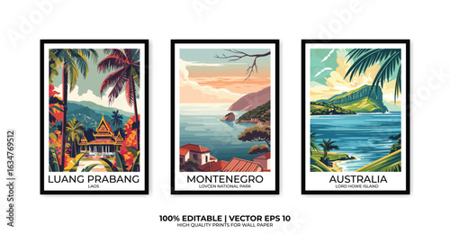 Set of 3 Vintage travel posters, Vintage travel illustrations, Vector colorful illustrations. Trendy printable wall art with beautiful landscapes.