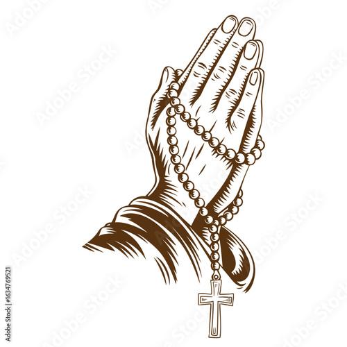 Palms of a praying person with rosary beads. Vector illustration on white background