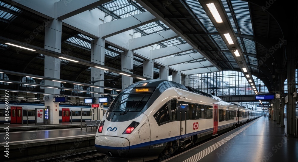 Obraz premium Modern train at a large station. Interior view of a train platform with a white train. Elevated, industrial-style station architecture