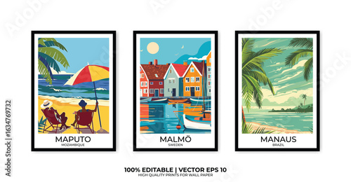 Set of 3 Vintage travel posters, Vintage travel illustrations, Vector colorful illustrations. Trendy printable wall art with beautiful landscapes.