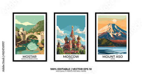 Set of 3 Vintage travel posters, Vintage travel illustrations, Vector colorful illustrations. Trendy printable wall art with beautiful landscapes.