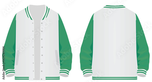 Realistic white and green baseball jacket, vector	