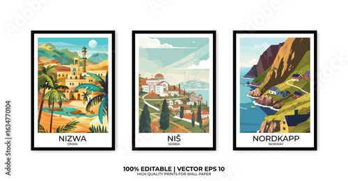 Set of 3 Vintage travel posters, Vintage travel illustrations, Vector colorful illustrations. Trendy printable wall art with beautiful landscapes.